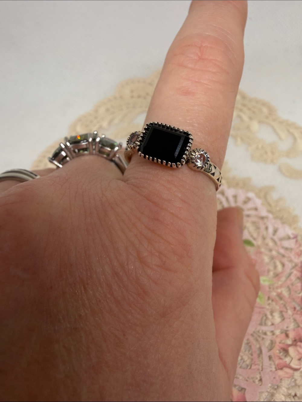 925 Sterling Silver Obsidian & White Topaz Ring Size 10 | Dark Romantic
